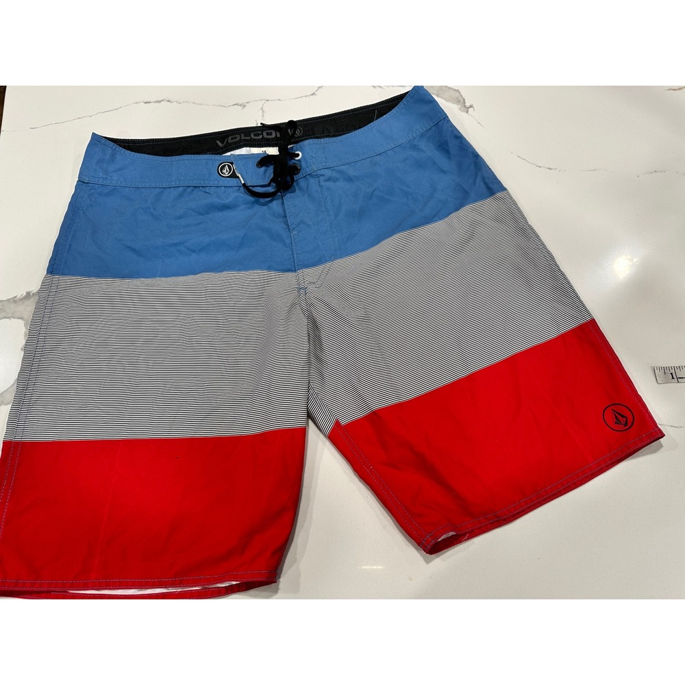 Volcom‎ Mens 38 Board Shorts Swim Trunks Blue Red Stripe Beach Surf